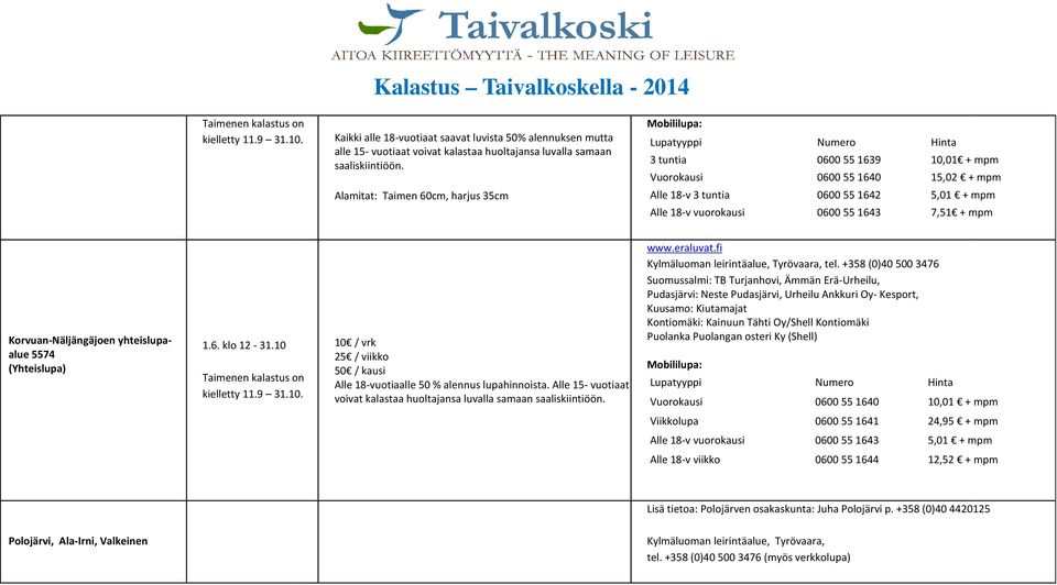 + mpm Korvuan-Näljängäjoen yhteislupaalue 5574 (Yhteislupa) 1.6. klo 12-31.10 Taimenen kalastus on kielletty 11.9 31.10. 25 / viikko 50 / kausi Alle 18-vuotiaalle 50 % alennus lupahinnoista.