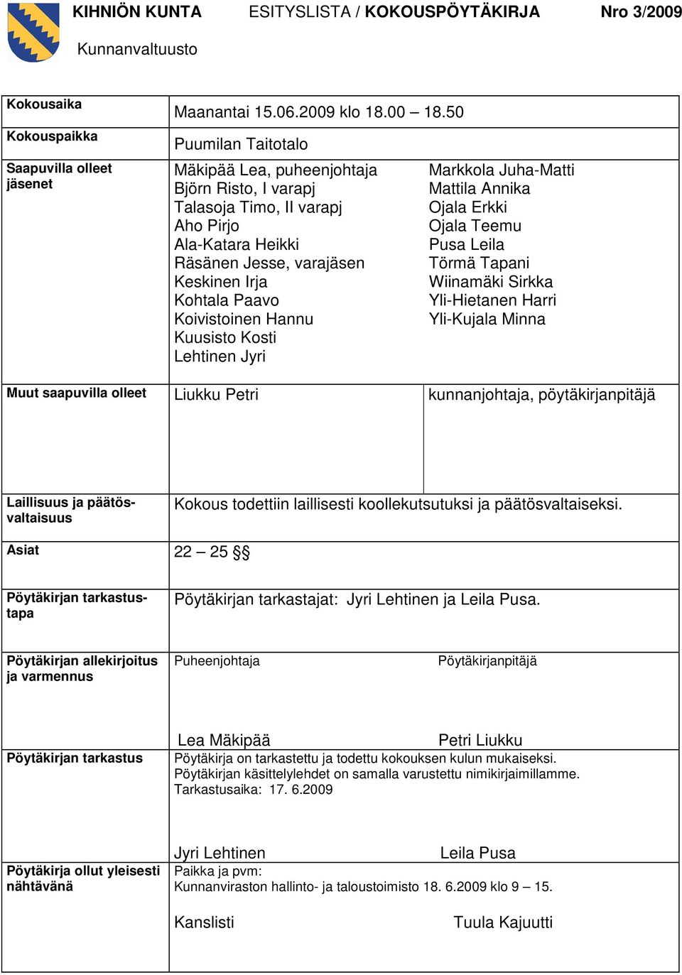 Kuusisto Kosti Lehtinen Jyri Markkola Juha-Matti Mattila Annika Ojala Erkki Ojala Teemu Pusa Leila Törmä Tapani Wiinamäki Sirkka Yli-Hietanen Harri Yli-Kujala Minna Muut saapuvilla olleet Liukku