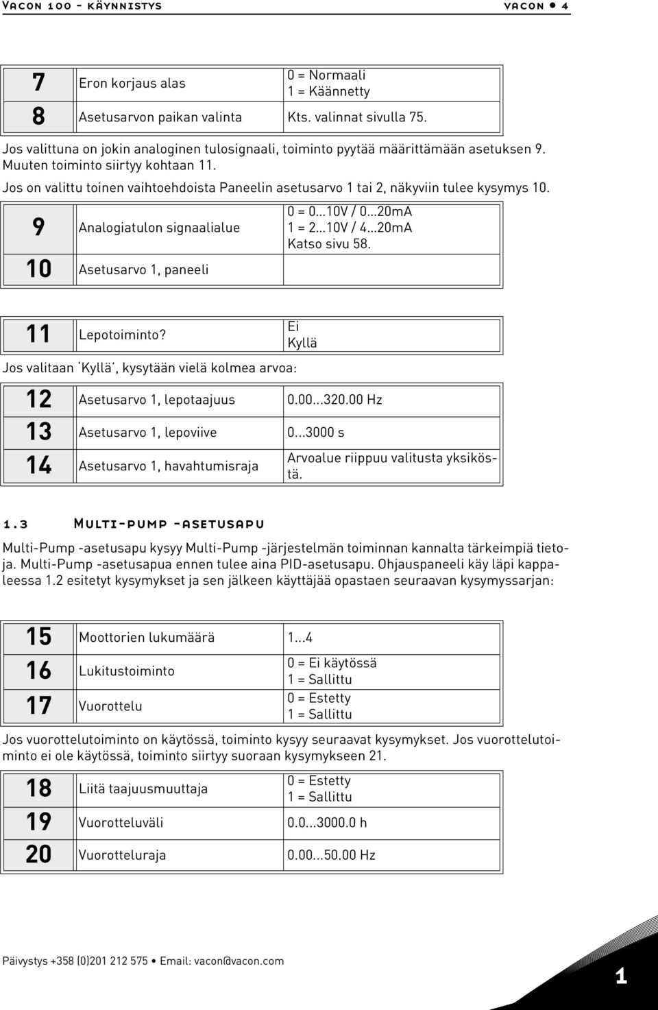 Jos on valittu toinen vaihtoehdoista Paneelin asetusarvo 1 tai 2, näkyviin tulee kysymys 10. 9 Analogiatulon signaalialue 10 Asetusarvo 1, paneeli 0 = 0 10V / 0 20mA 1 = 2 10V / 4 20mA Katso sivu 58.