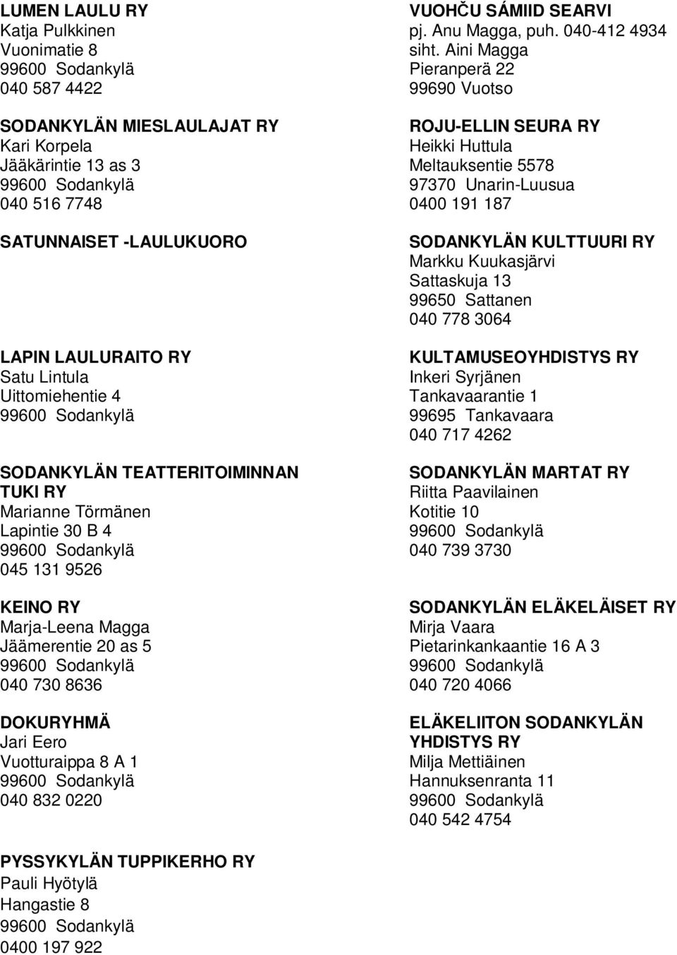 97370 Unarin-Luusua 040 516 7748 0400 191 187 SATUNNAISET -LAULUKUORO SODANKYLÄN KULTTUURI RY Markku Kuukasjärvi Sattaskuja 13 99650 Sattanen 040 778 3064 LAPIN LAULURAITO RY KULTAMUSEOYHDISTYS RY