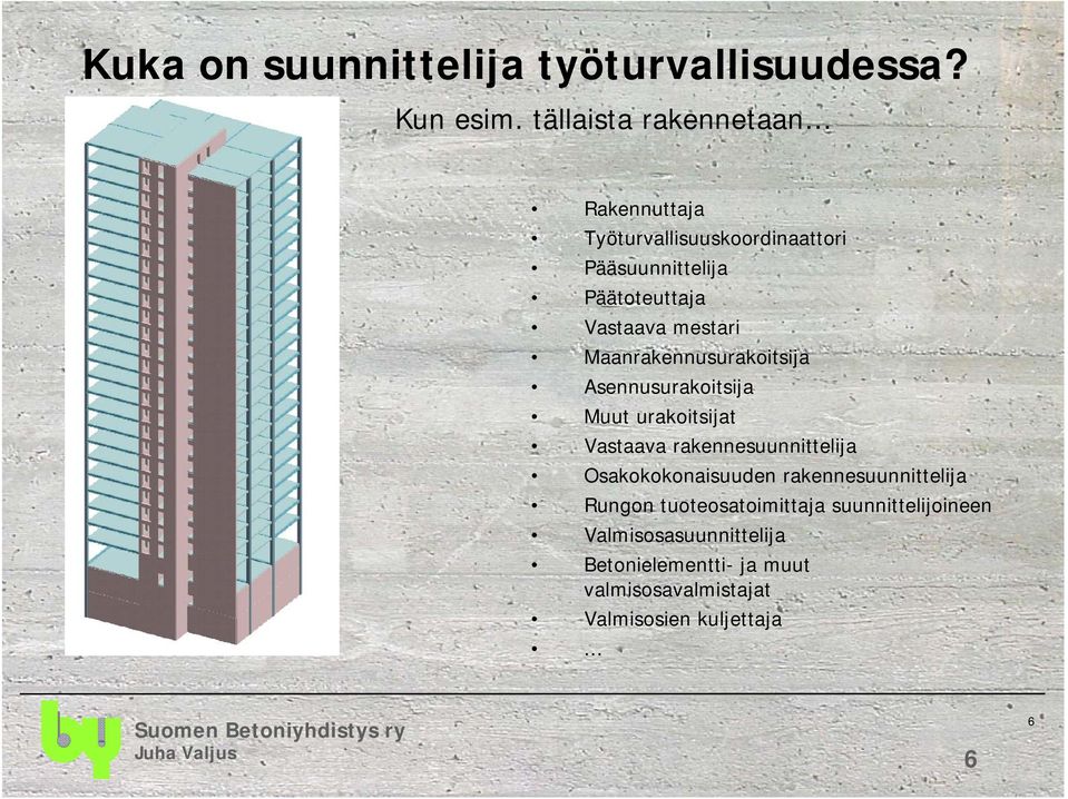 mestari Maanrakennusurakoitsija Asennusurakoitsija Muut urakoitsijat Vastaava rakennesuunnittelija