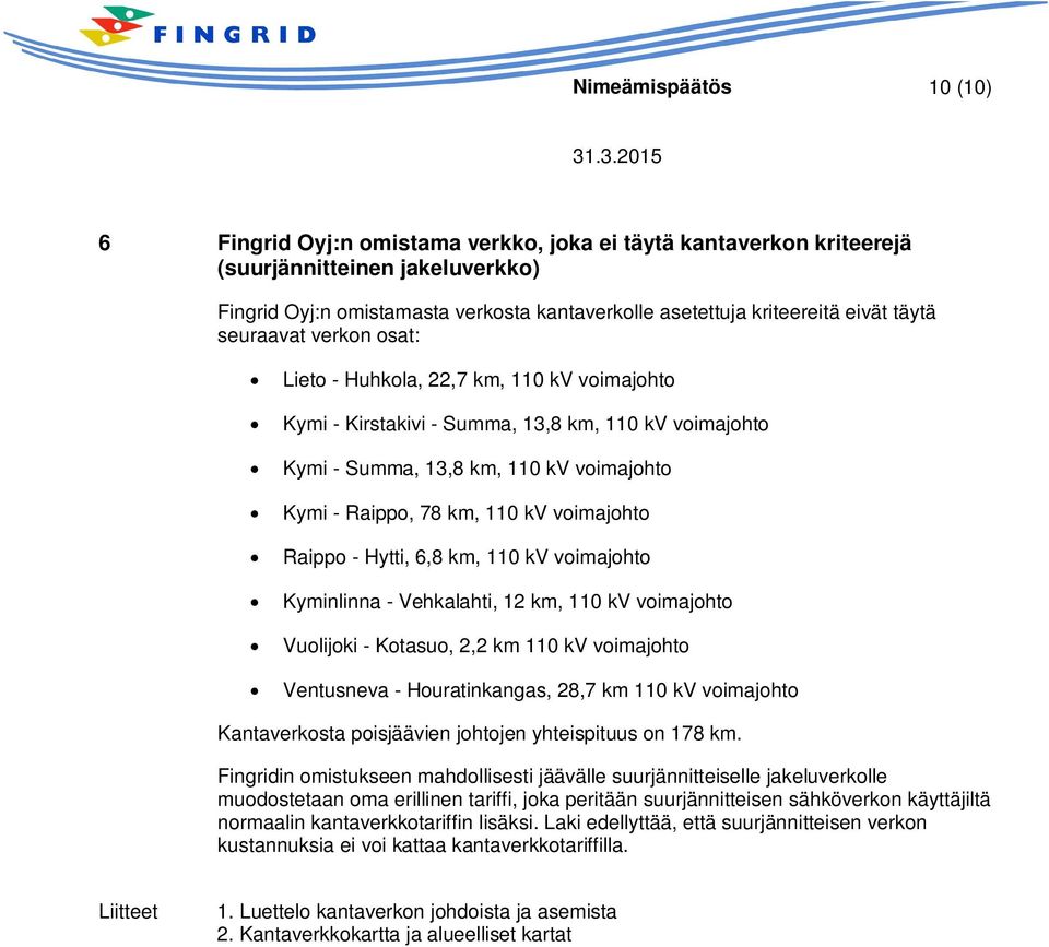 kv voimajohto Raippo - Hytti, 6,8 km, 110 kv voimajohto Kyminlinna - Vehkalahti, 12 km, 110 kv voimajohto Vuolijoki - Kotasuo, 2,2 km 110 kv voimajohto Ventusneva - Houratinkangas, 28,7 km 110 kv