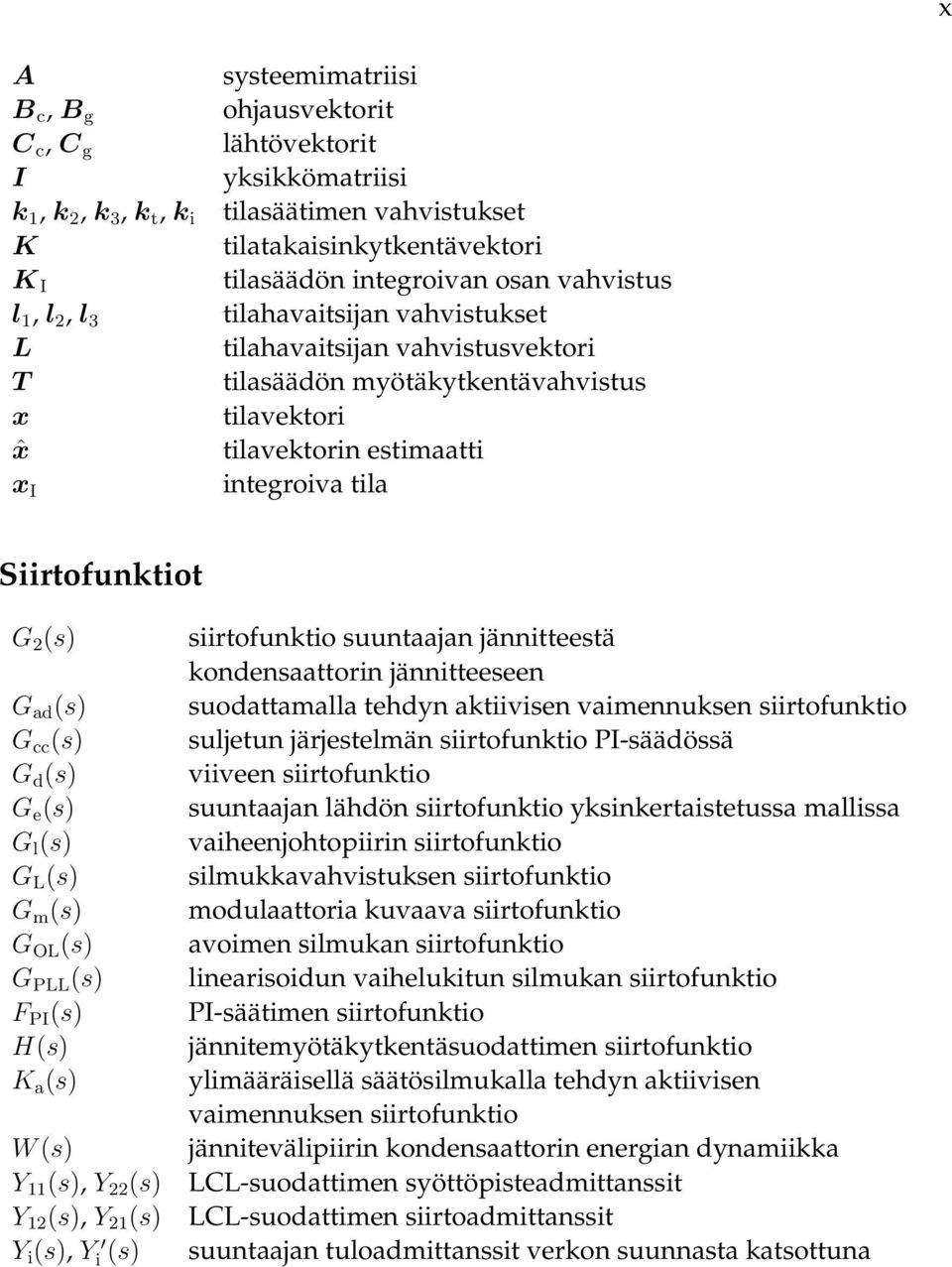 Siirtofunktiot G 2 (s) G ad (s) G cc (s) G d (s) G e (s) G l (s) G L (s) G m (s) G OL (s) G PLL (s) F PI (s) H(s) K a (s) W (s) Y 11 (s), Y 22 (s) Y 12 (s), Y 21 (s) Y i (s), Y i (s) siirtofunktio
