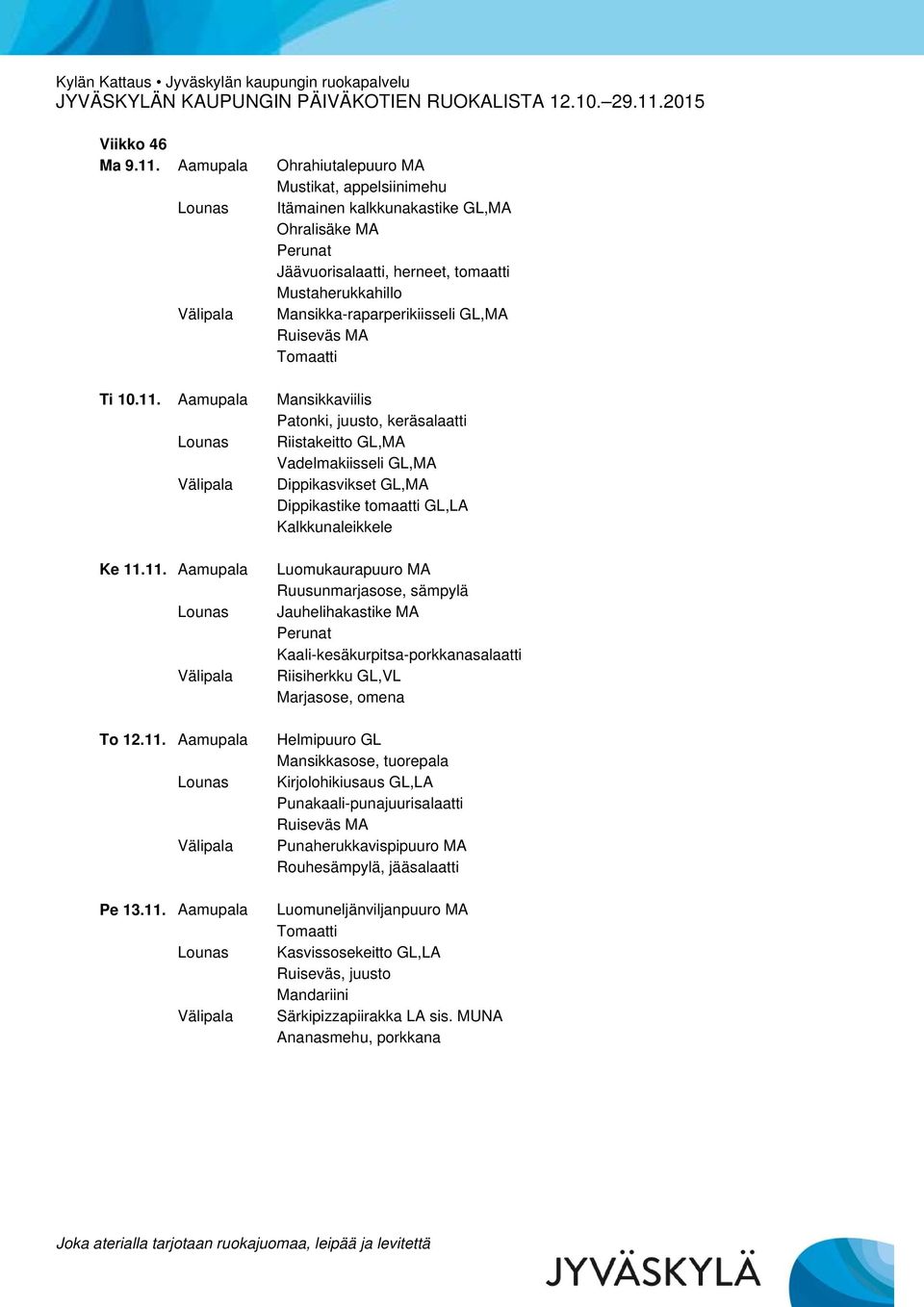 10.11. Aamupala Mansikkaviilis Patonki, juusto, keräsalaatti Riistakeitto GL,MA Vadelmakiisseli GL,MA Dippikasvikset GL,MA Dippikastike tomaatti GL,LA Kalkkunaleikkele Ke 11.11. Aamupala To 12.11. Aamupala Pe 13.