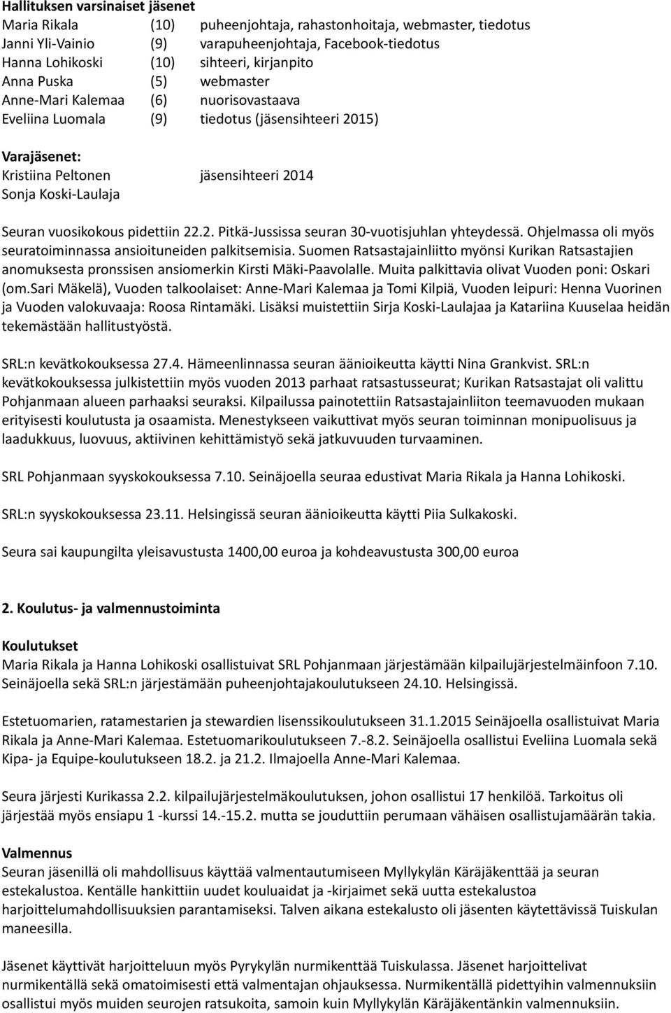 Seuran vuosikokous pidettiin 22.2. Pitkä-Jussissa seuran 30-vuotisjuhlan yhteydessä. Ohjelmassa oli myös seuratoiminnassa ansioituneiden palkitsemisia.