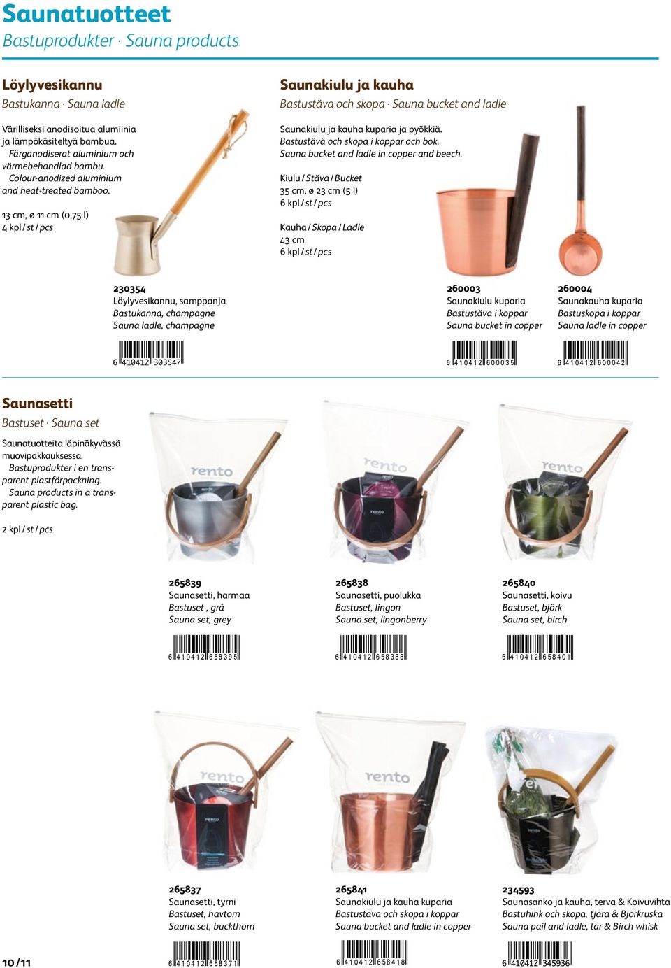 Bastustävä och skopa i koppar och bok. Sauna bucket and ladle in copper and beech.