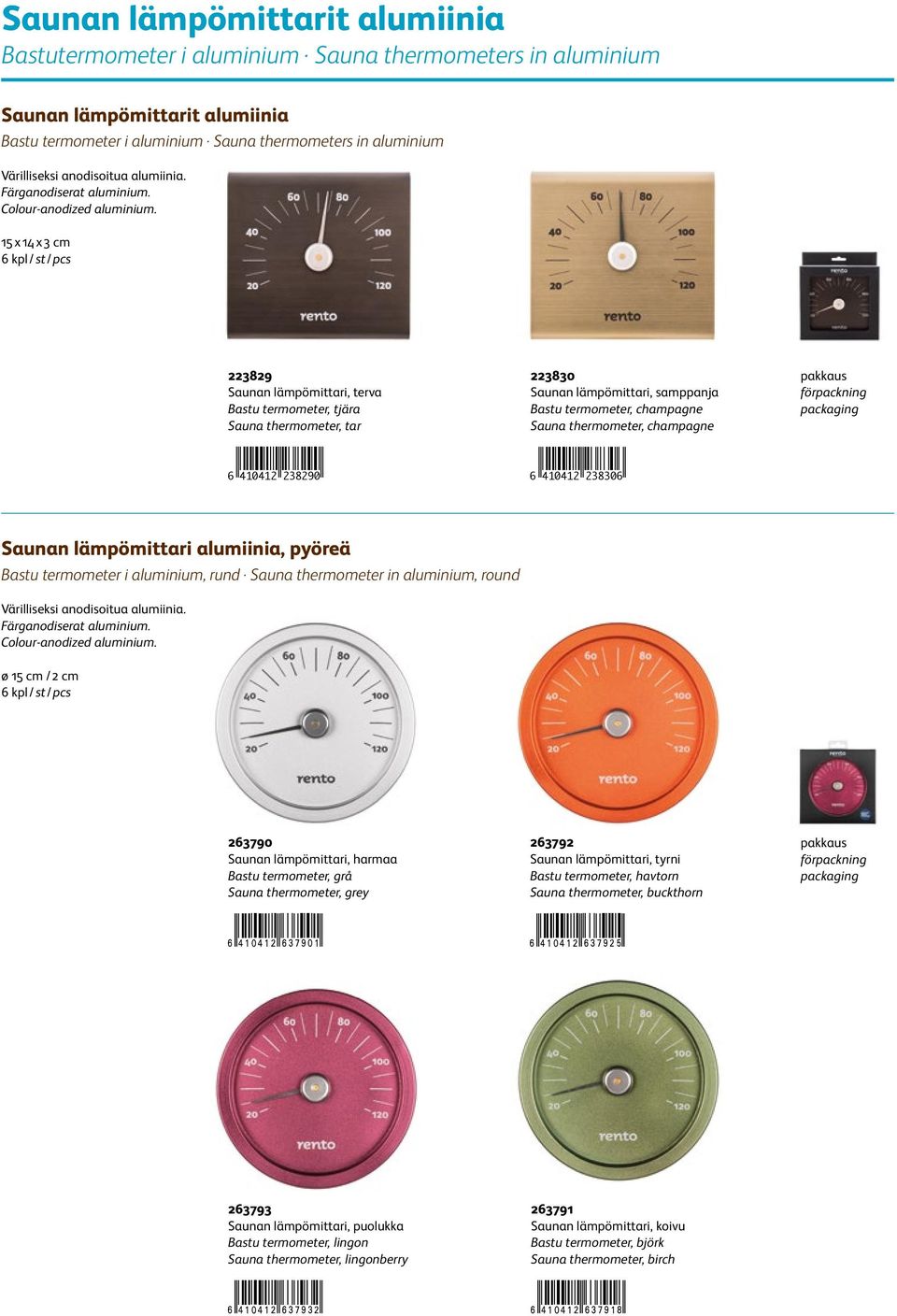 15 x 14 x 3 cm 223829 Saunan lämpömittari, terva Bastu termometer, tjära Sauna thermometer, tar 223830 Saunan lämpömittari, samppanja Bastu termometer, champagne Sauna thermometer, champagne pakkaus