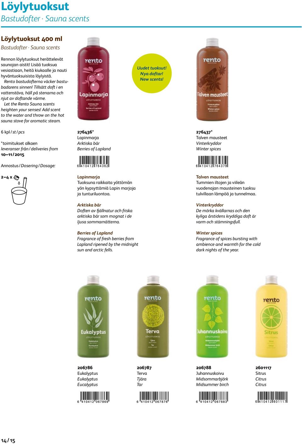 Tillsätt doft i en vattenstäva, häll på stenarna och njut av doftande värme. Let the Rento Sauna scents heighten your senses!
