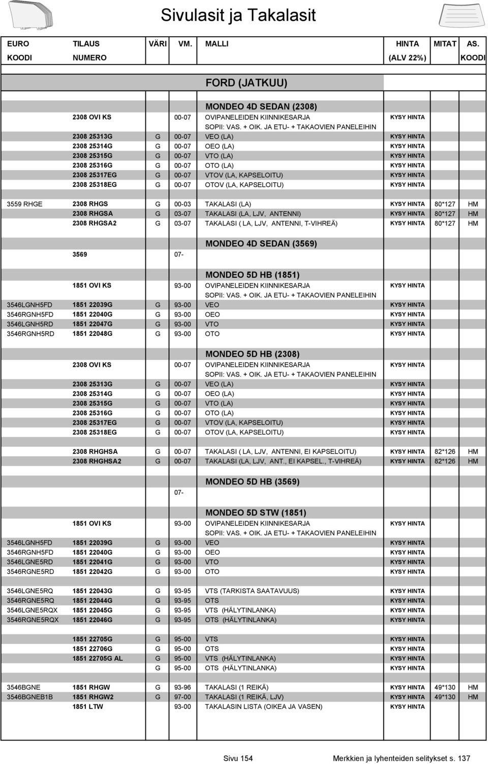 TAKALASI (LA) KYSY HINTA 80*127 HM 2308 RHGSA G 03-07 TAKALASI (LA, LJV, ANTENNI) KYSY HINTA 80*127 HM 2308 RHGSA2 G 03-07 TAKALASI ( LA, LJV, ANTENNI, T-VIHREÄ) KYSY HINTA 80*127 HM MONDEO 4D SEDAN