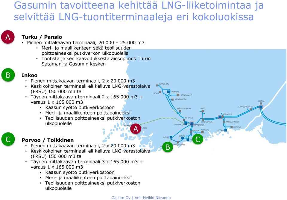 terminaali eli kelluva LNG-varastolaiva (FRSU) 150 000 m3 tai Täyden mittakaavan terminaali 2 x 165 000 m3 + varaus 1 x 165 000 m3 Kaasun syöttö putkiverkostoon Meri- ja maaliikenteen polttaoaineeksi