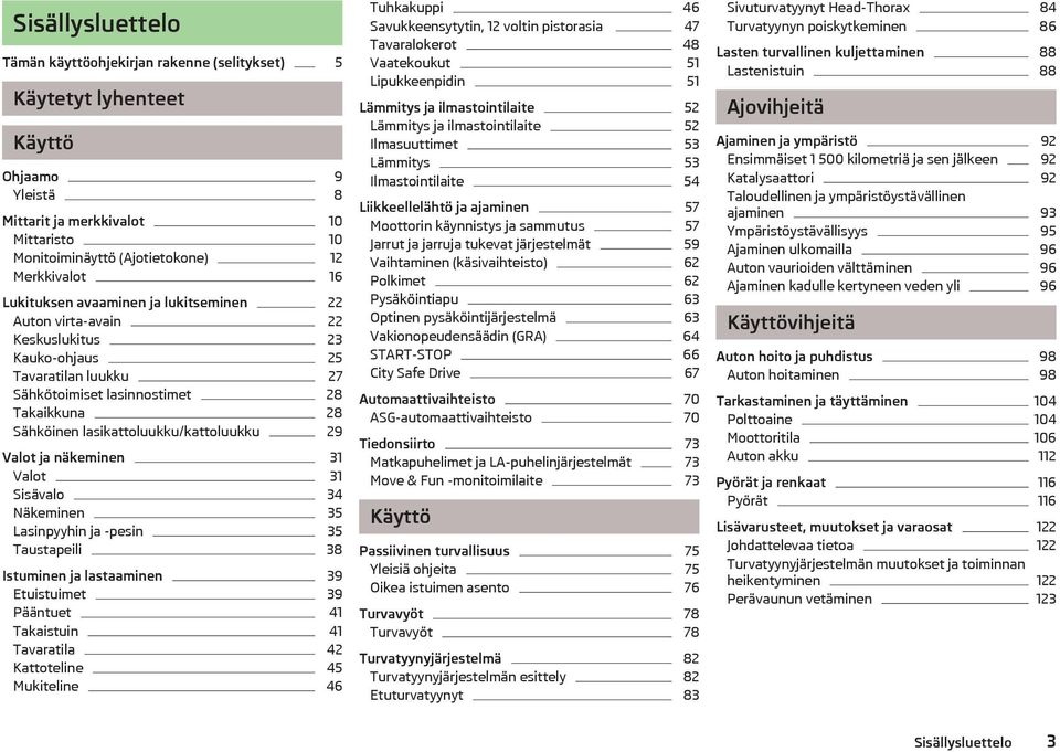 Valot ja nkeminen 31 Valot 31 Sisvalo 34 Nkeminen 35 Lasinpyyhin ja -pesin 35 Taustapeili 38 Istuminen ja lastaaminen 39 Etuistuimet 39 Pntuet 41 Takaistuin 41 Tavaratila 42 Kattoteline 45 Mukiteline