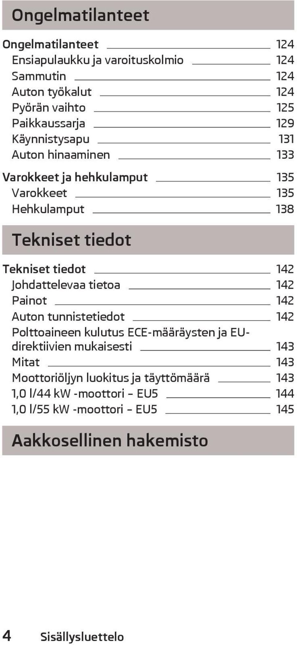 Johdattelevaa tietoa 142 Painot 142 Auton tunnistetiedot 142 Polttoaineen kulutus ECE-mrysten ja EUdirektiivien mukaisesti 143 Mitat 143