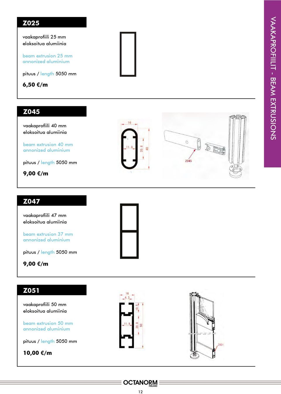 EXTRUSIONS 9,00 /m Z047 vaakaprofiili 47 mm beam extrusion 37