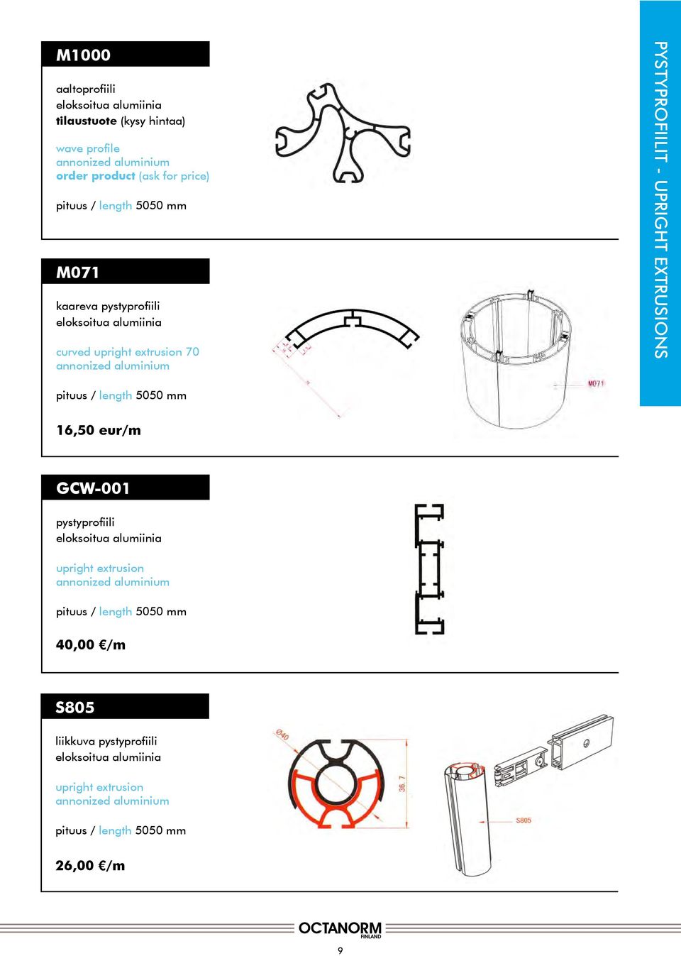 PYSTYPROFIILIT - UPRIGHT EXTRUSIONS 16,50 eur/m GCW-001 pystyprofiili