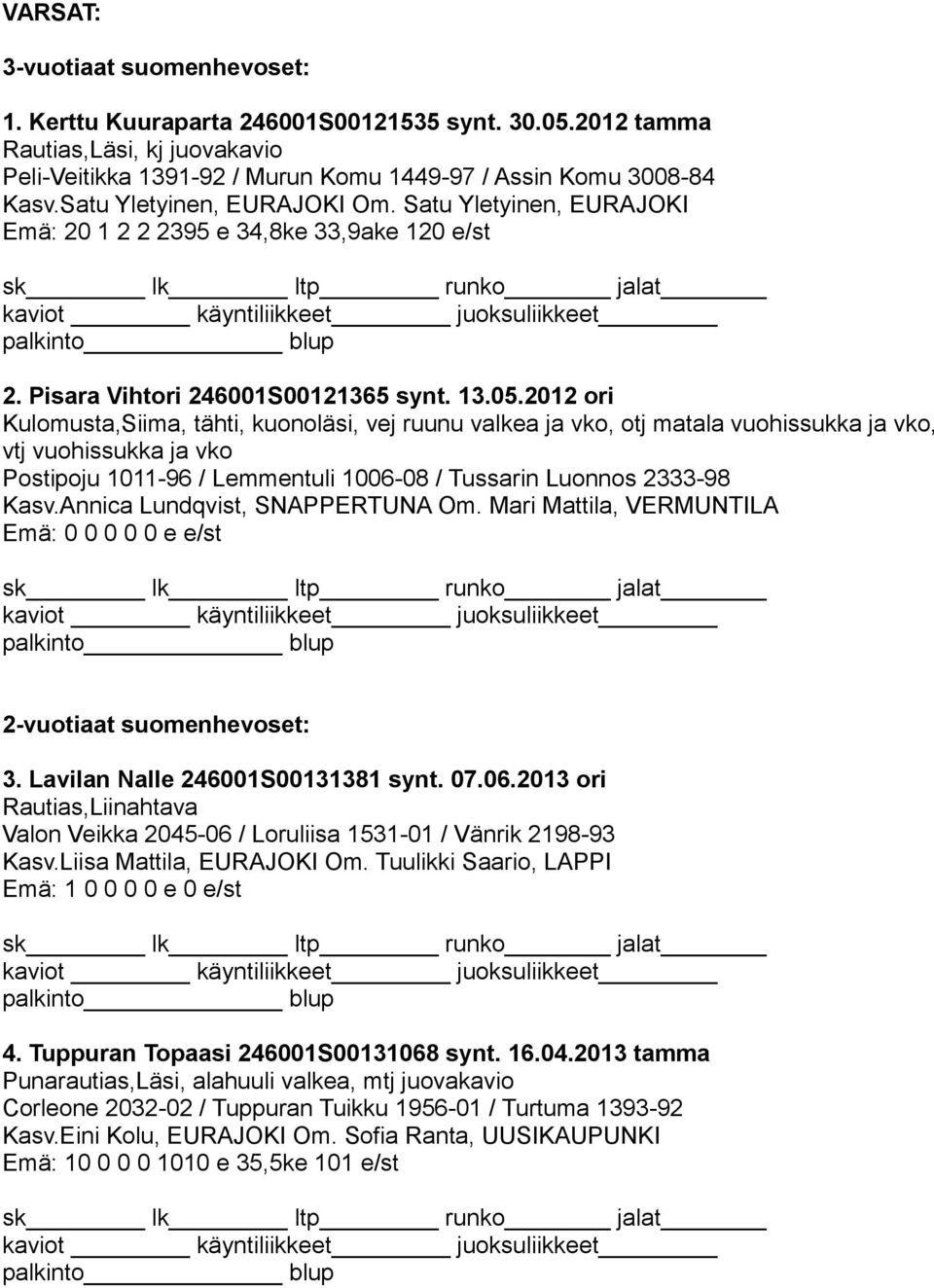 2012 ori Kulomusta,Siima, tähti, kuonoläsi, vej ruunu valkea ja vko, otj matala vuohissukka ja vko, vtj vuohissukka ja vko Postipoju 1011-96 / Lemmentuli 1006-08 / Tussarin Luonnos 2333-98 Kasv.