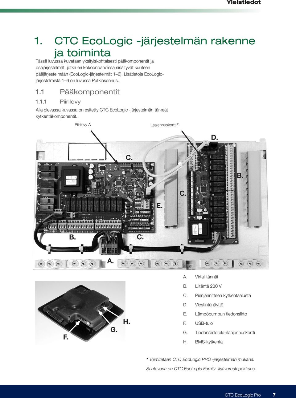 (EcoLogic-järjestelmät 1 6). Lisätietoja EcoLogicjärjestelmistä 1 6 on luvussa Putkiasennus. 1.1 Pääkomponentit 1.1.1 Piirilevy Alla olevassa kuvassa on esitetty CTC EcoLogic -järjestelmän tärkeät kytkentäkomponentit.