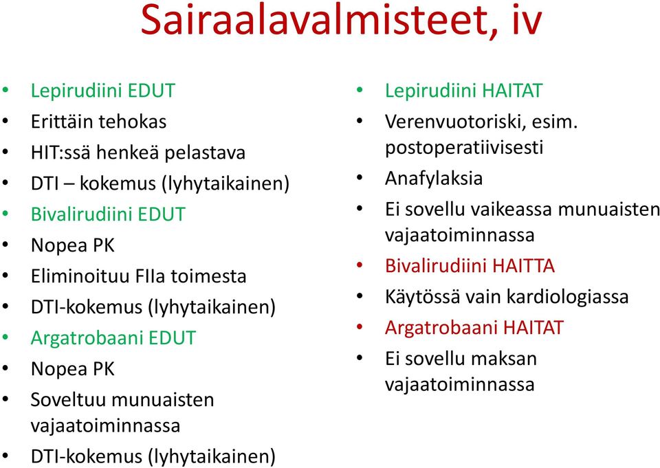 vajaatoiminnassa DTI-kokemus (lyhytaikainen) Lepirudiini HAITAT Verenvuotoriski, esim.