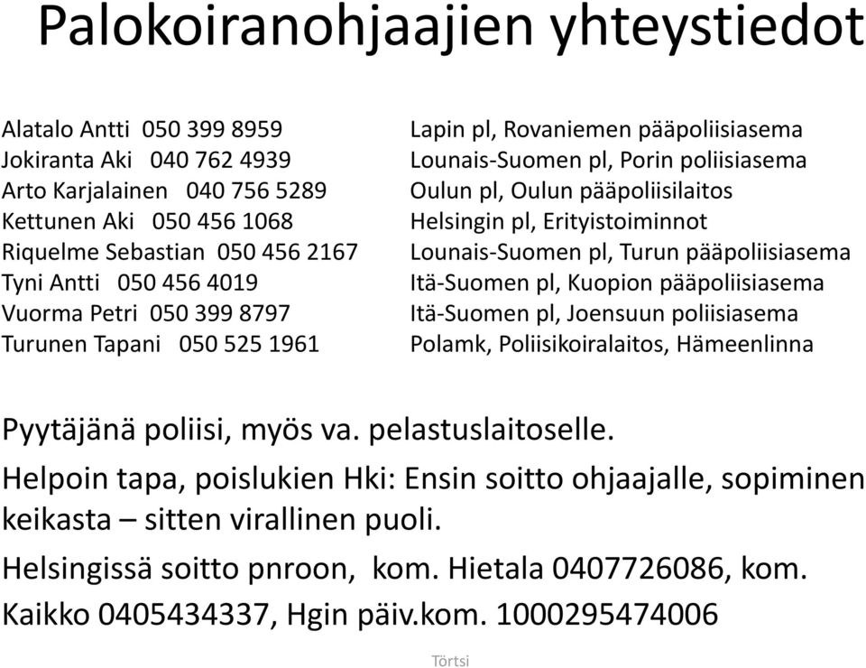 Lounais-Suomen pl, Turun pääpoliisiasema Itä-Suomen pl, Kuopion pääpoliisiasema Itä-Suomen pl, Joensuun poliisiasema Polamk, Poliisikoiralaitos, Hämeenlinna Pyytäjänä poliisi, myös va.