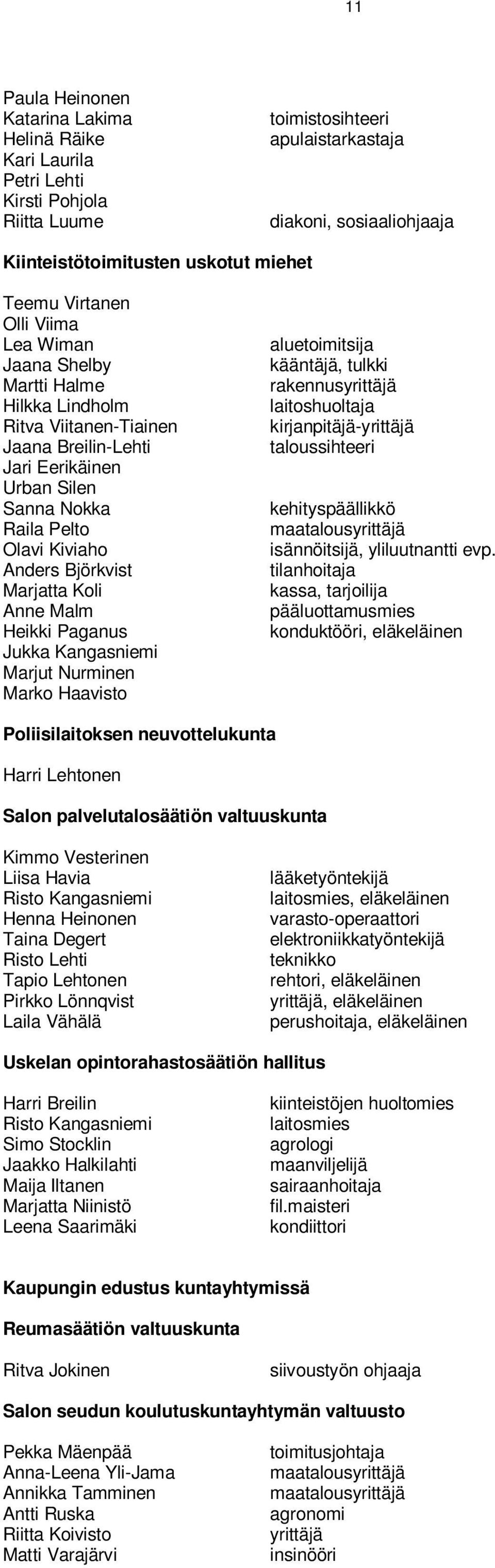 Björkvist Marjatta Koli Anne Malm Heikki Paganus Jukka Kangasniemi Marjut Nurminen Marko Haavisto aluetoimitsija kääntäjä, tulkki rakennusyrittäjä laitoshuoltaja kirjanpitäjä-yrittäjä taloussihteeri