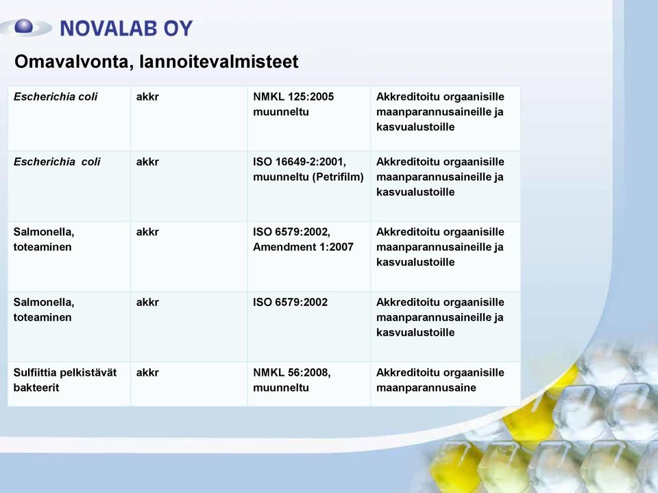 akkr ISO 6579:2002, Amendment 1:2007 Akkreditoitu orgaanisille maanparannusaineille ja kasvualustoille Salmonella, toteaminen akkr ISO 6579:2002