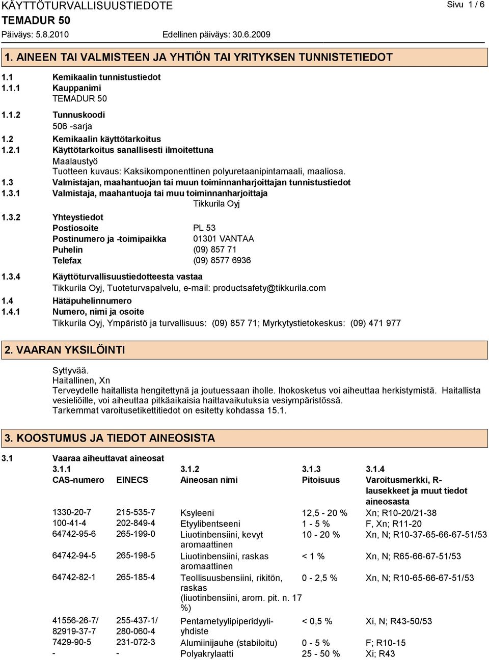 3.1 Valmistaja, maahantuoja tai muu toiminnanharjoittaja Tikkurila Oyj 1.3.2 Yhteystiedot Postiosoite PL 53 Postinumero ja -toimipaikka 01301 VANTAA Puhelin (09) 857 71 Telefax (09) 8577 6936 1.3.4 Käyttöturvallisuustiedotteesta vastaa Tikkurila Oyj, Tuoteturvapalvelu, e-mail: productsafety@tikkurila.