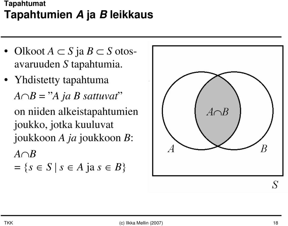 Yhdistetty tapahtuma A B = A ja B sattuvat on niiden