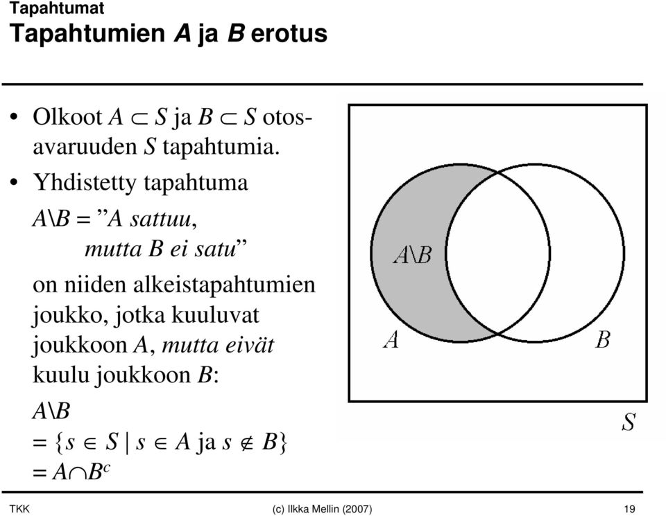 Yhdistetty tapahtuma A\B = A sattuu, mutta B ei satu on niiden