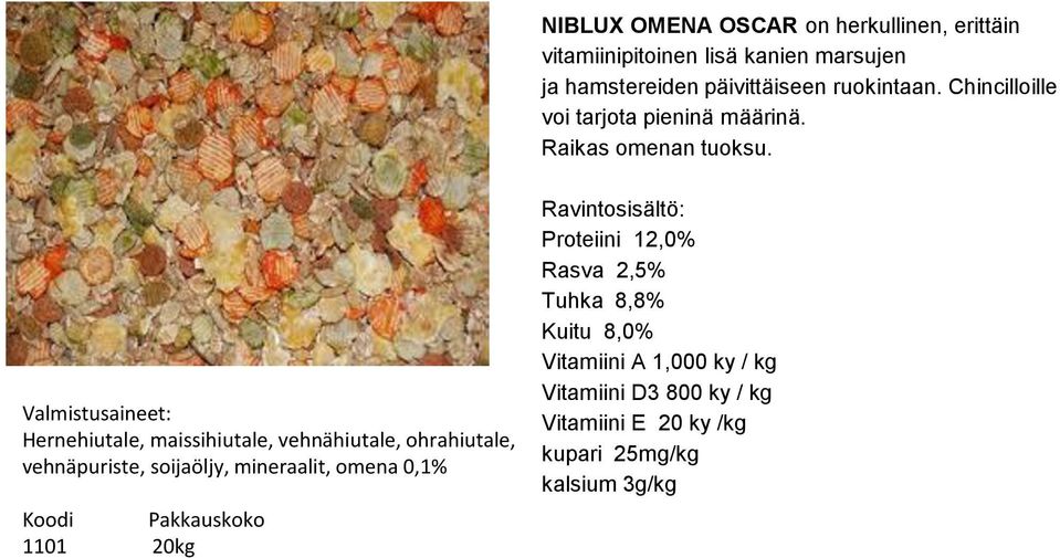 Hernehiutale, maissihiutale, vehnähiutale, ohrahiutale, vehnäpuriste, soijaöljy, mineraalit, omena 0,1% 1101 20kg