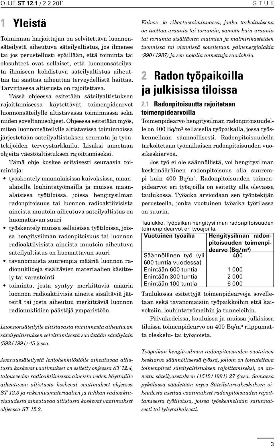 2.2011 1 Yleistä Toiminnan harjoittajan on selvitettävä luonnonsäteilystä aiheutuva säteilyaltistus, jos ilmenee tai jos perustellusti epäillään, että toiminta tai olosuhteet ovat sellaiset, että