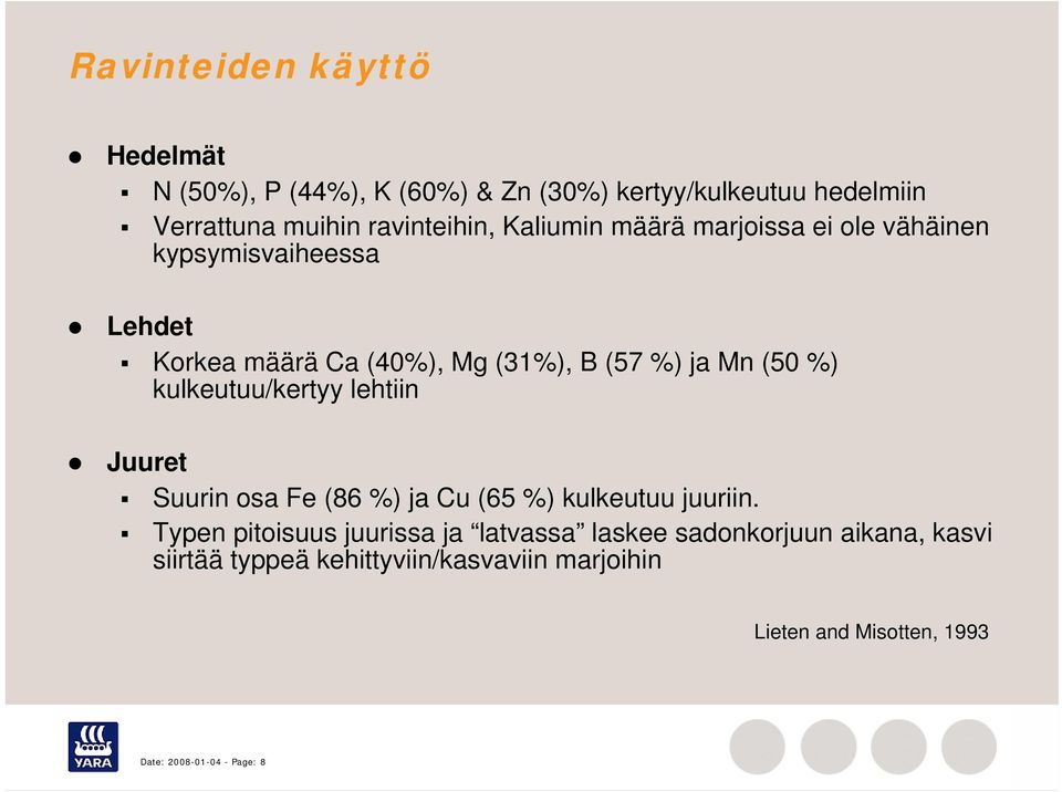 kulkeutuu/kertyy lehtiin Juuret Suurin osa Fe (86 %) ja Cu (65 %) kulkeutuu juuriin.