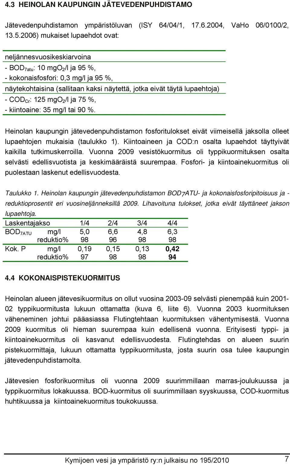 COD Cr : 125 mgo 2 /l ja 75 %, - kiintoaine: 35 mg/l tai 9 %. Heinolan kaupungin jätevedenpuhdistamon fosforitulokset eivät viimeisellä jaksolla olleet lupaehtojen mukaisia (taulukko 1).