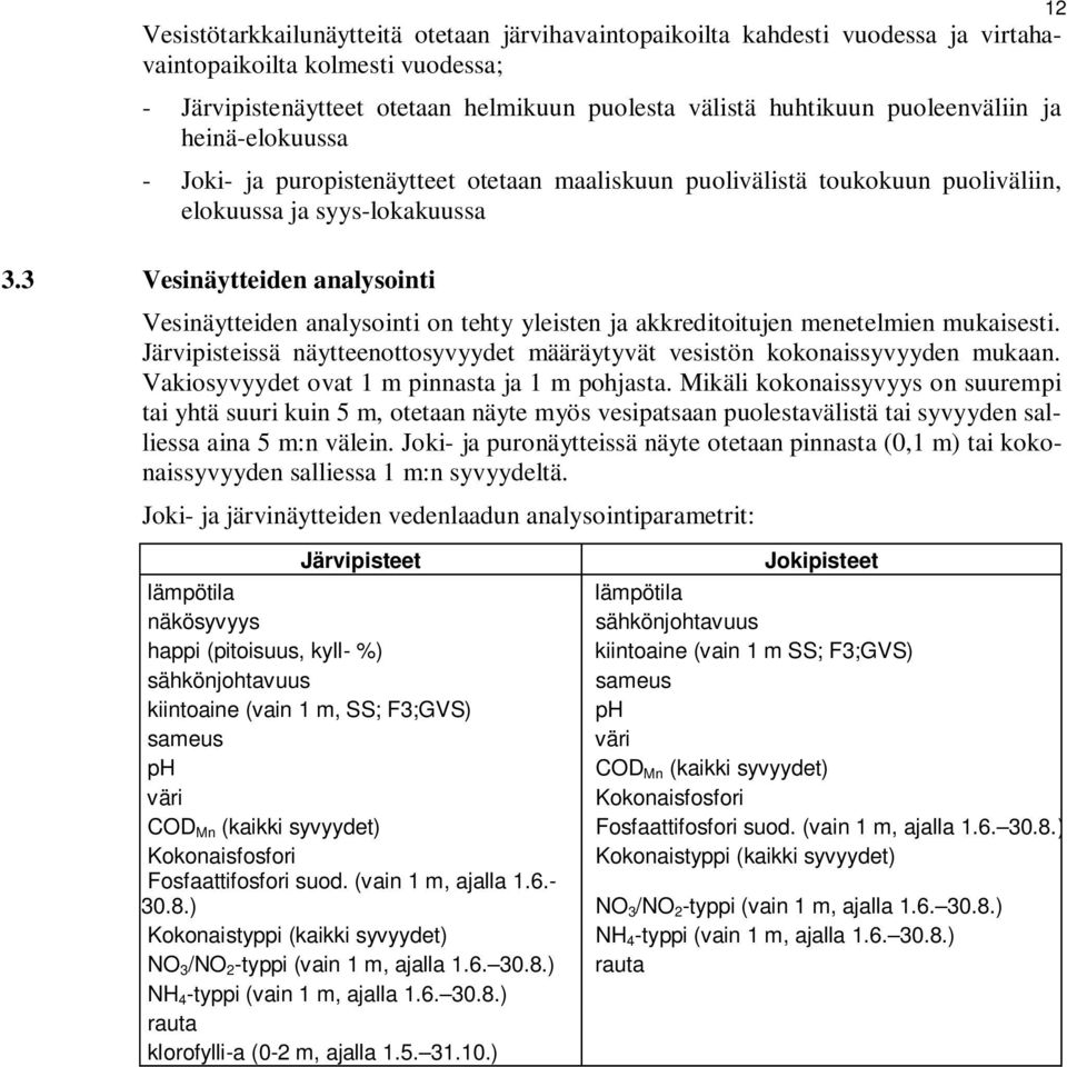 3 Vesinäytteiden analysointi Vesinäytteiden analysointi on tehty yleisten ja akkreditoitujen menetelmien mukaisesti. Järvipisteissä näytteenottosyvyydet määräytyvät vesistön kokonaissyvyyden mukaan.