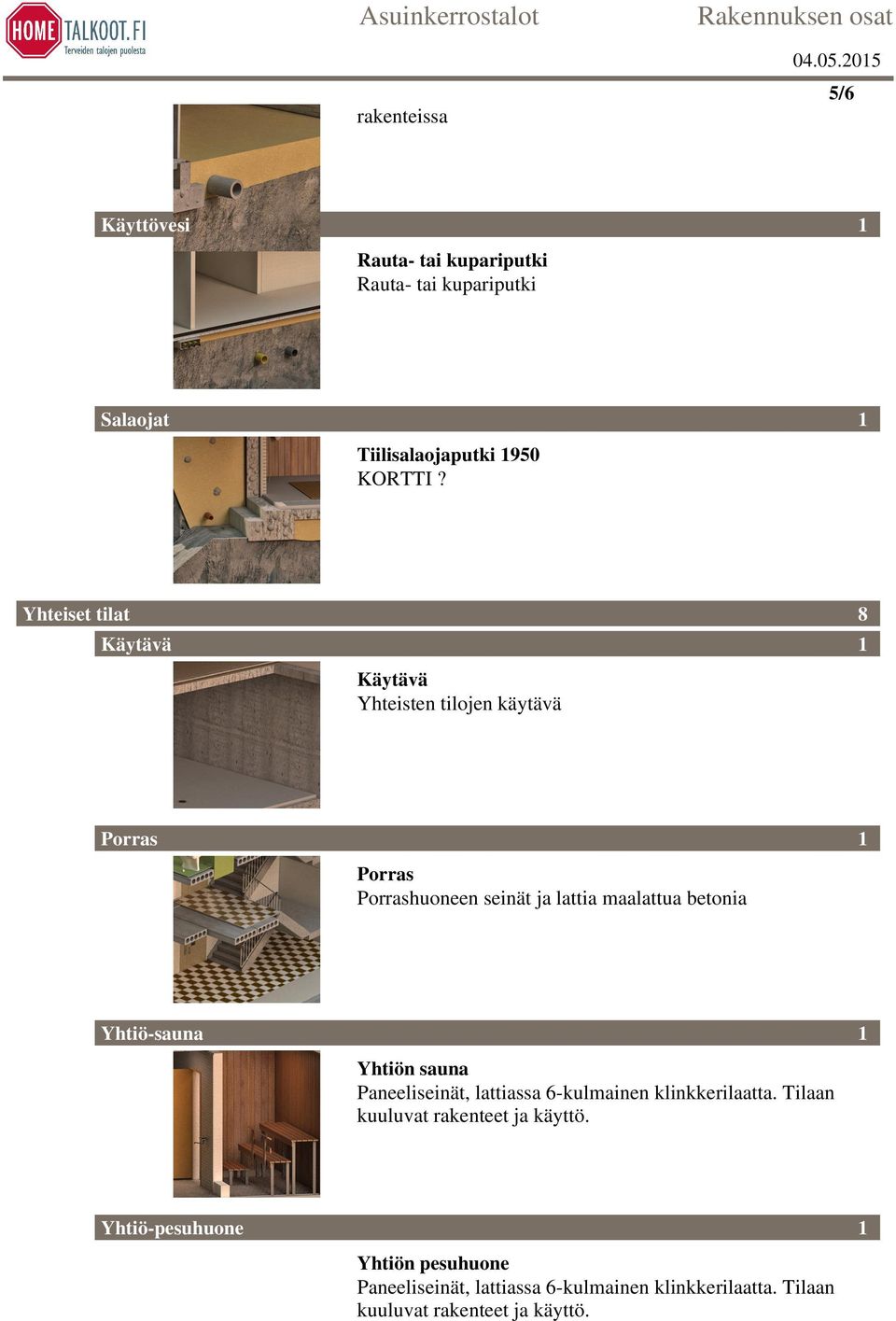 betonia Yhtiö-sauna Yhtiön sauna Paneeliseinät, lattiassa 6-kulmainen klinkkerilaatta.