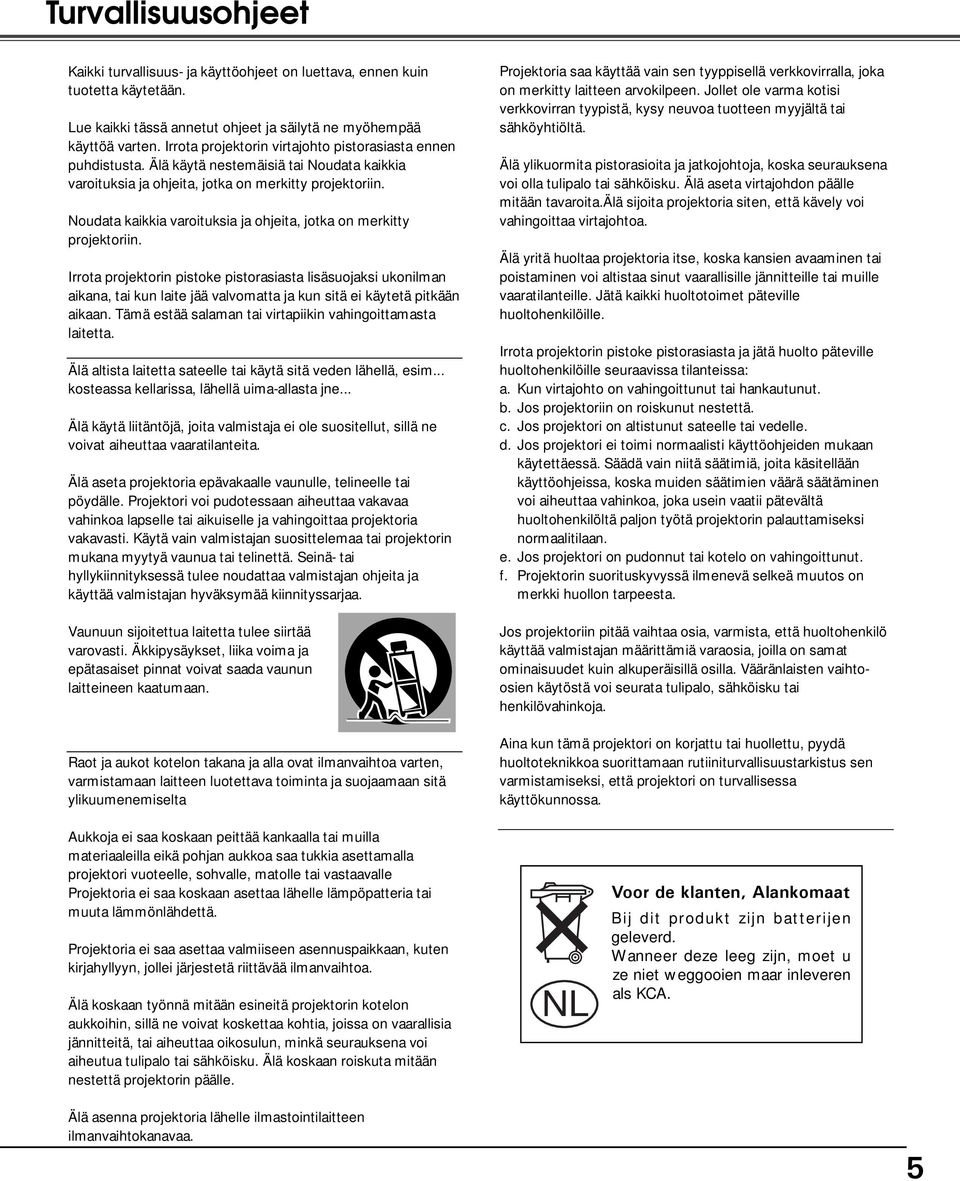 Noudata kaikkia varoituksia ja ohjeita, jotka on merkitty projektoriin.