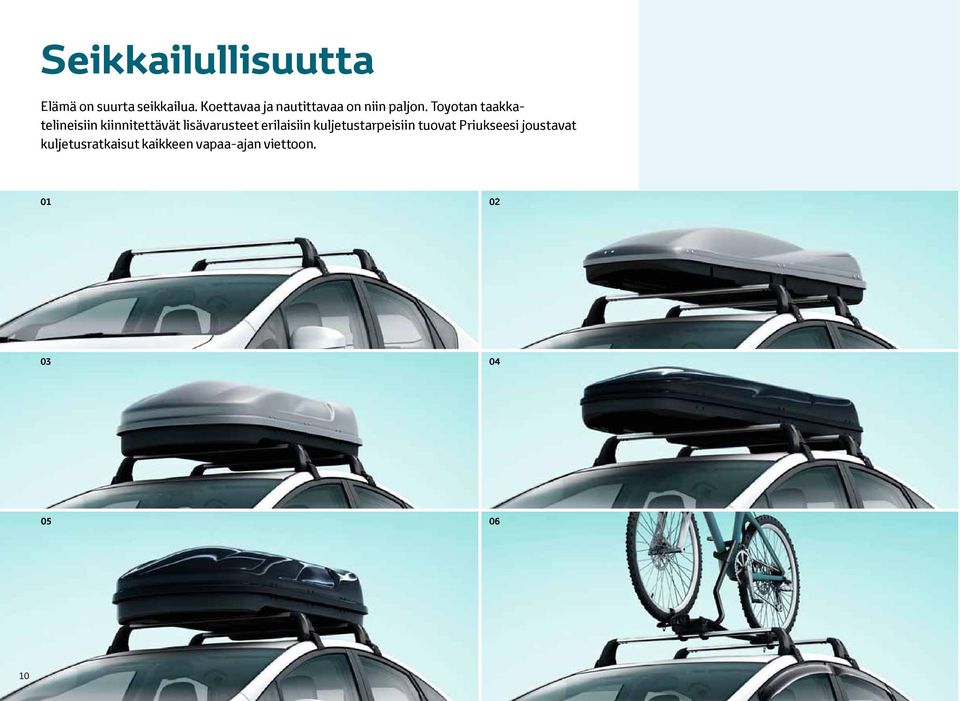 Toyotan taakkatelineisiin kiinnitettävät lisävarusteet erilaisiin