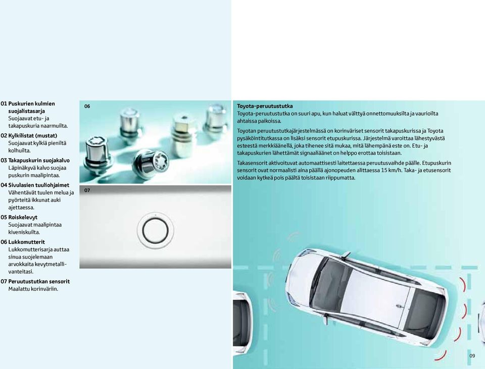 05 Roiskelevyt Suojaavat maalipintaa kiveniskuilta. 06 Lukkomutterit Lukkomutterisarja auttaa sinua suojelemaan arvokkaita kevytmetallivanteitasi. 07 Peruutustutkan sensorit Maalattu korinväriin.