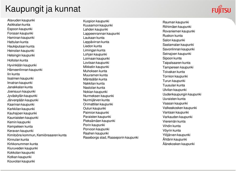 kaupunki Kauniaisten kaupunki Kemin kaupunki Kempeleen kunta Keravan kaupunki Kimitoöns kommun, Kemiönsaaren kunta Kinnulan kunta Kirkkonummen kunta Kiuruveden kaupunki Kokkolan kaupunki Kotkan