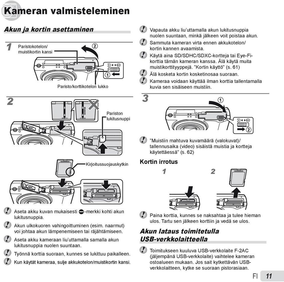 Älä käytä muita muistikorttityyppejä. Kortin käyttö (s. 61) Älä kosketa kortin kosketinosaa suoraan. Kameraa voidaan käyttää ilman korttia tallentamalla kuvia sen sisäiseen muistiin.