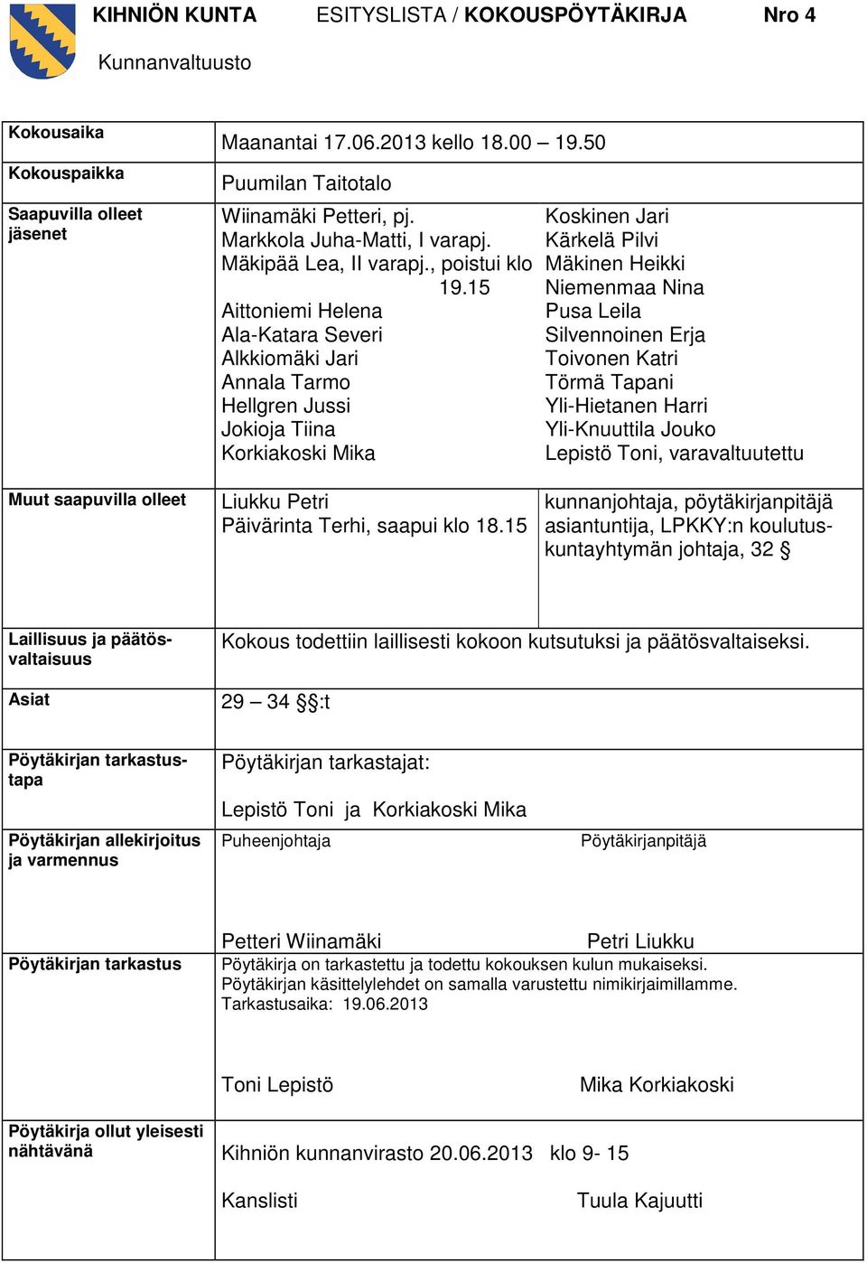 15 Aittoniemi Helena Ala-Katara Severi Alkkiomäki Jari Annala Tarmo Hellgren Jussi Jokioja Tiina Korkiakoski Mika Koskinen Jari Kärkelä Pilvi Mäkinen Heikki Niemenmaa Nina Pusa Leila Silvennoinen