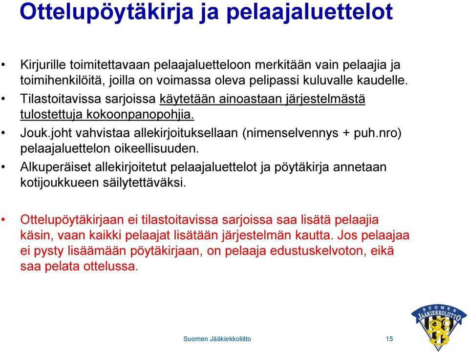 nro) pelaajaluettelon oikeellisuuden. Alkuperäiset allekirjoitetut pelaajaluettelot ja pöytäkirja annetaan kotijoukkueen säilytettäväksi.