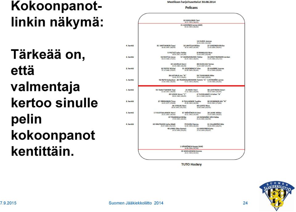 pelin kokoonpanot kentittäin. 7.9.