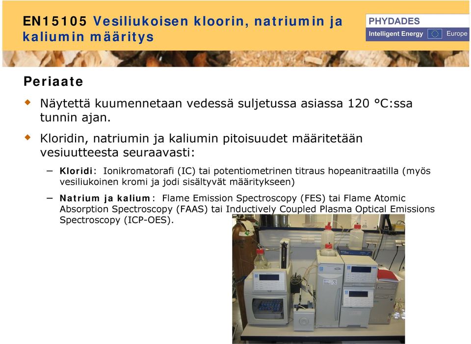 Kloridin, natriumin ja kaliumin pitoisuudet määritetään vesiuutteesta seuraavasti: Kloridi: Ionikromatorafi (IC) tai potentiometrinen