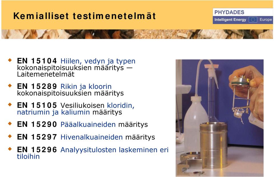 15105 Vesiliukoisen kloridin, natriumin ja kaliumin määritys EN 15290 Pääalkuaineiden