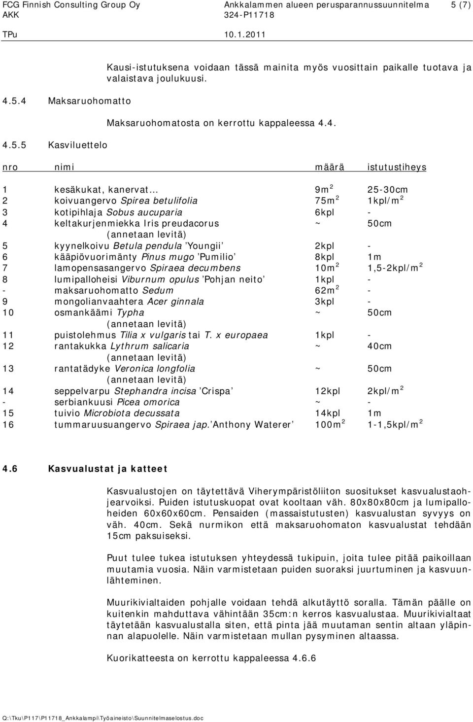 4. nro nimi määrä istutustiheys 1 kesäkukat, kanervat 9m 2 25-30cm 2 koivuangervo Spirea betulifolia 75m 2 1kpl/m 2 3 kotipihlaja Sobus aucuparia 6kpl - 4 keltakurjenmiekka Iris preudacorus ~ 50cm