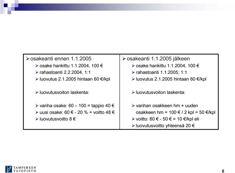 laskenta: luovutusvoiton laskenta: vanha osake: 60 100 = tappio 40 uusi osake: 60-20 % = voitto 48 luovutusvoitto 8