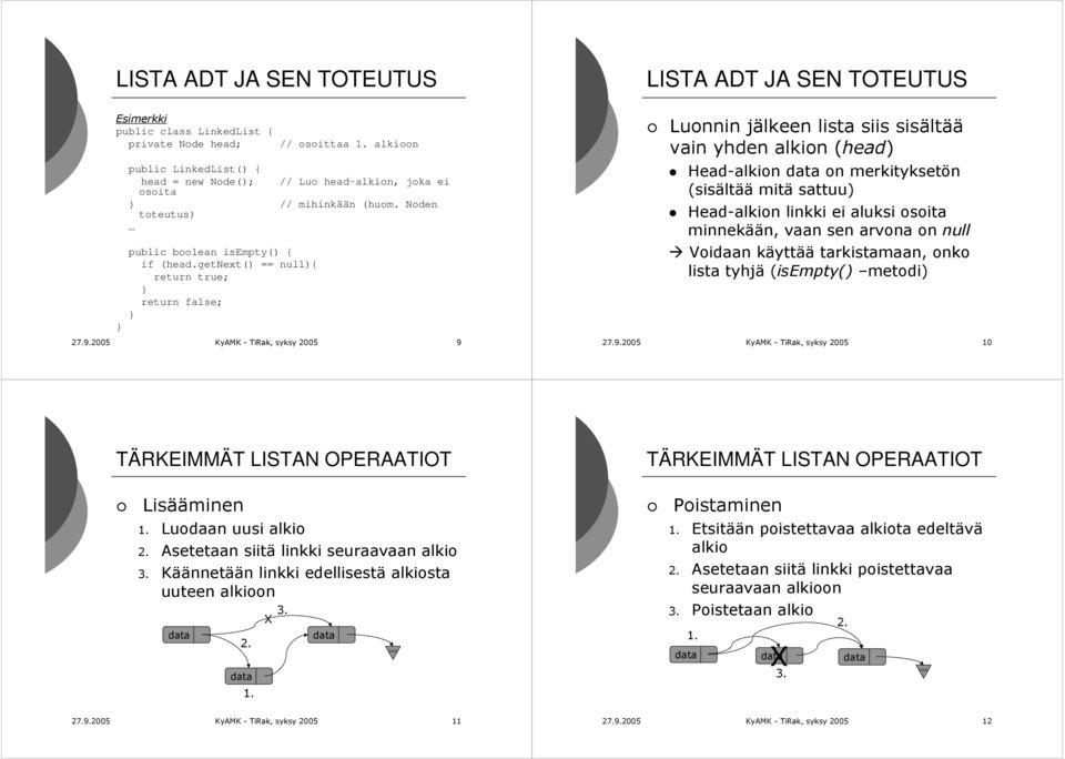 2005 KyAMK - TiRak, syksy 2005 9 Luonnin jälkeen lista siis sisältää vain yhden alkion (head) Head-alkion data on merkityksetön (sisältää mitä sattuu) Head-alkion linkki ei aluksi osoita minnekään,