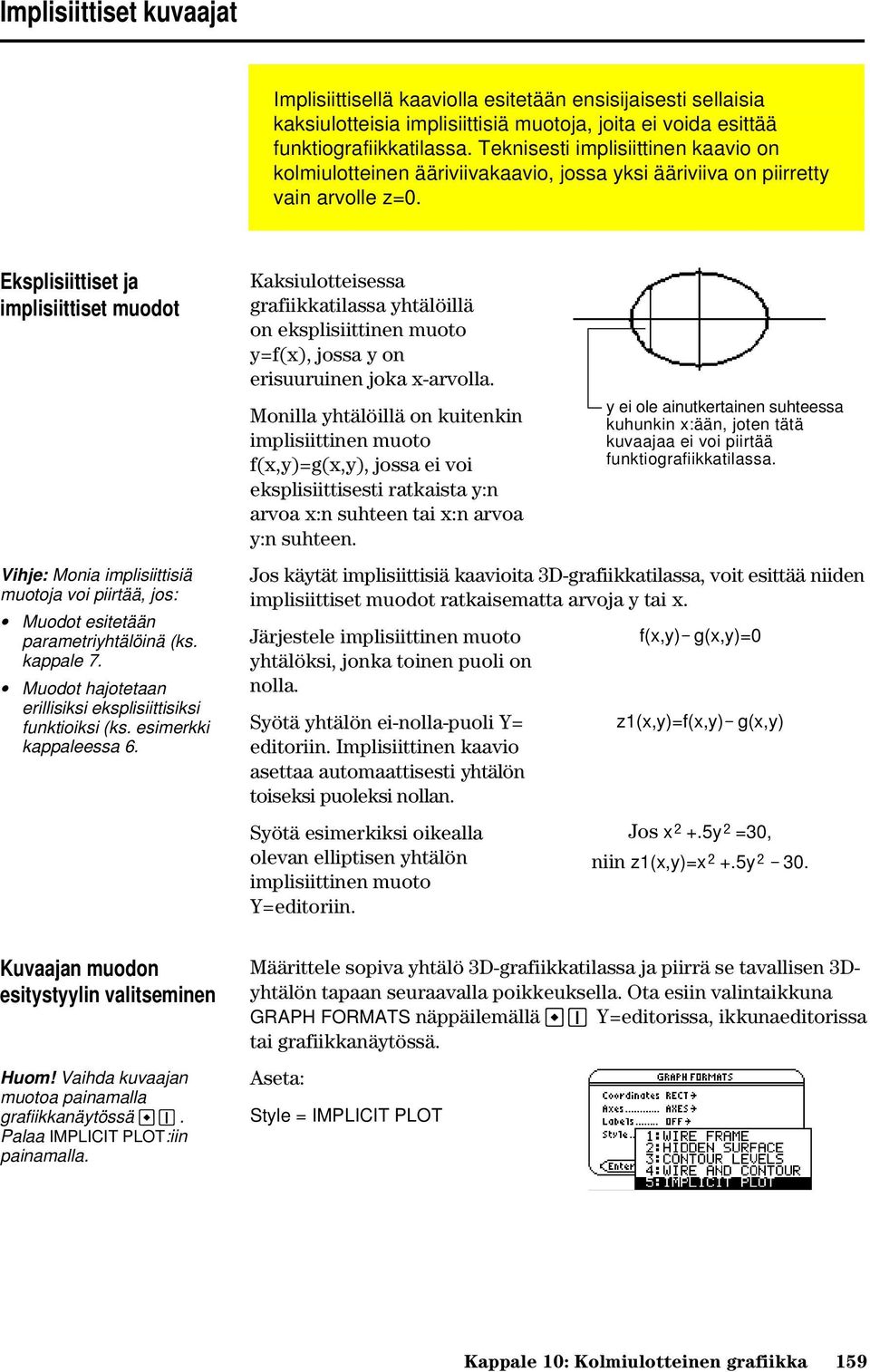 Eksplisiittiset ja implisiittiset muodot Kaksiulotteisessa grafiikkatilassa yhtälöillä on eksplisiittinen muoto y=f(x), jossa y on erisuuruinen joka x-arvolla.