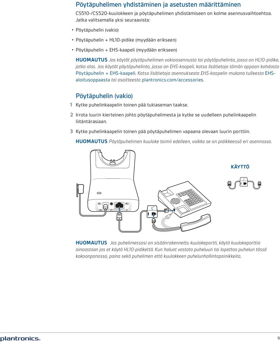 vakioasennusta tai pöytäpuhelinta, jossa on HL10-pidike, jatka alas. Jos käytät pöytäpuhelinta, jossa on EHS-kaapeli, katso lisätietoja tämän oppaan kohdasta Pöytäpuhelin + EHS-kaapeli.
