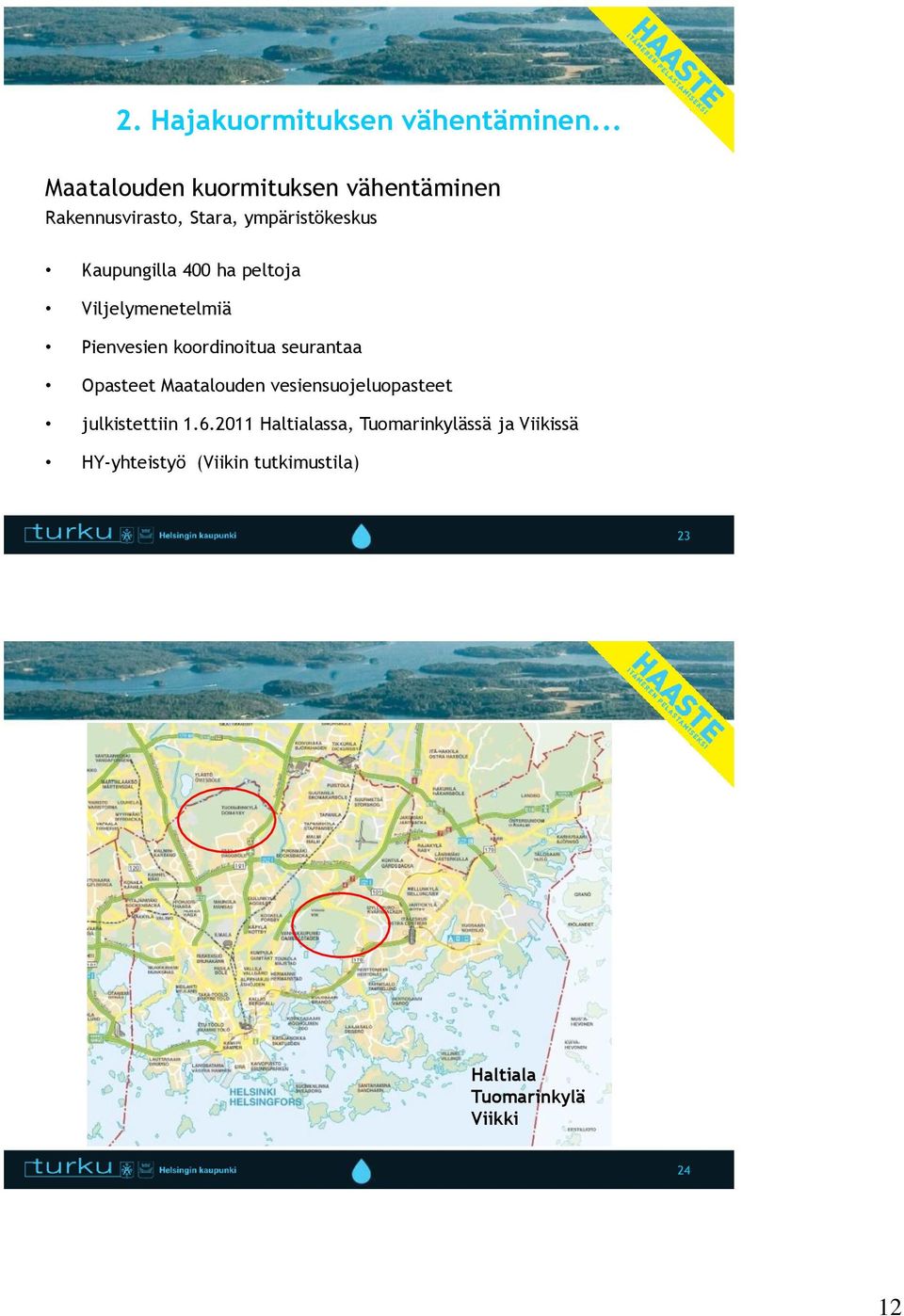 400 ha peltoja Viljelymenetelmiä Pienvesien koordinoitua seurantaa Opasteet Maatalouden