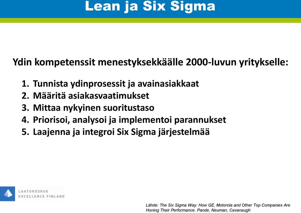 Mittaa nykyinen suoritustaso 4. Priorisoi, analysoi ja implementoi parannukset 5.